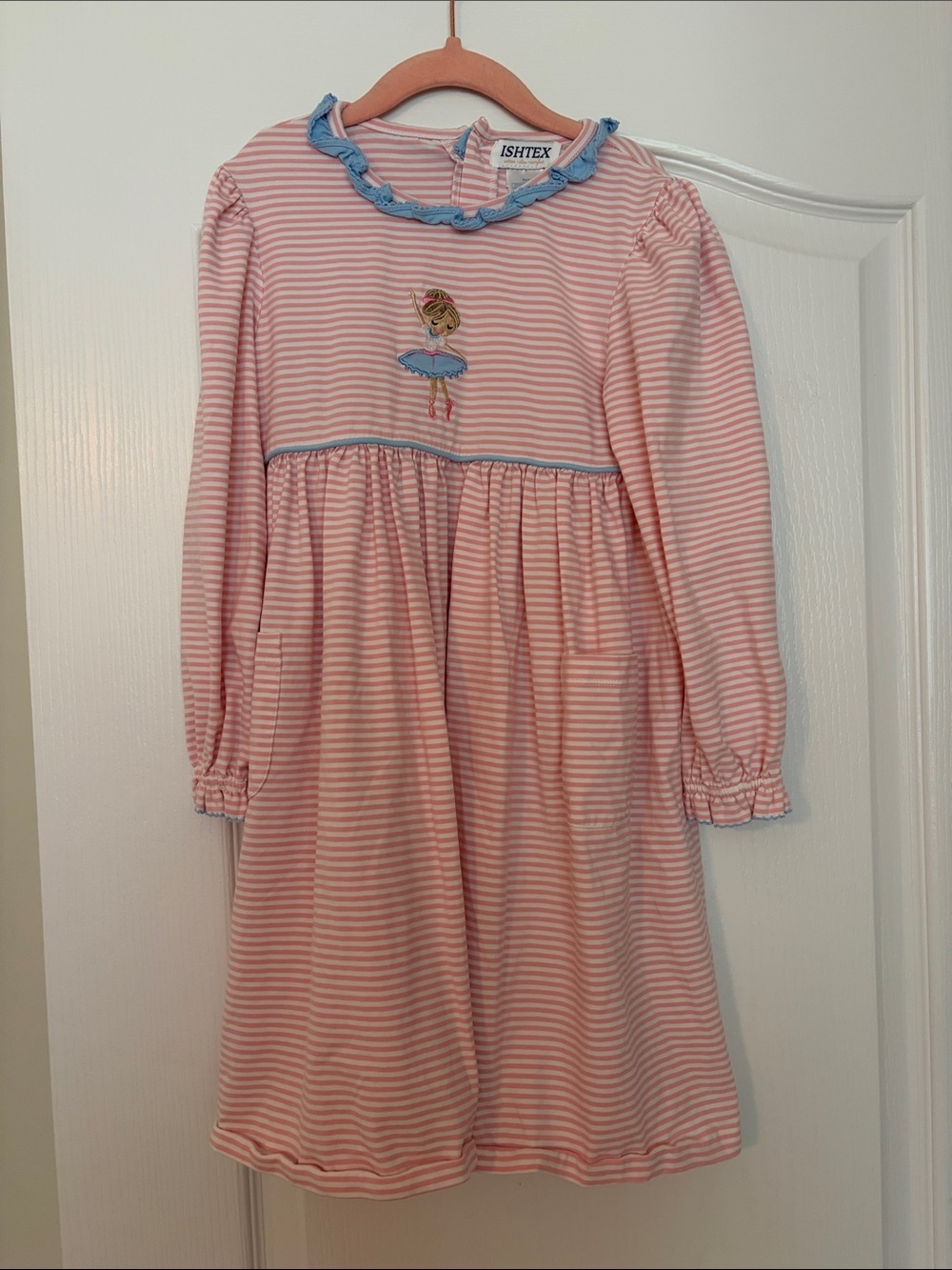 ISHTEX Pink Striped Ballerina dress with Blue Trim